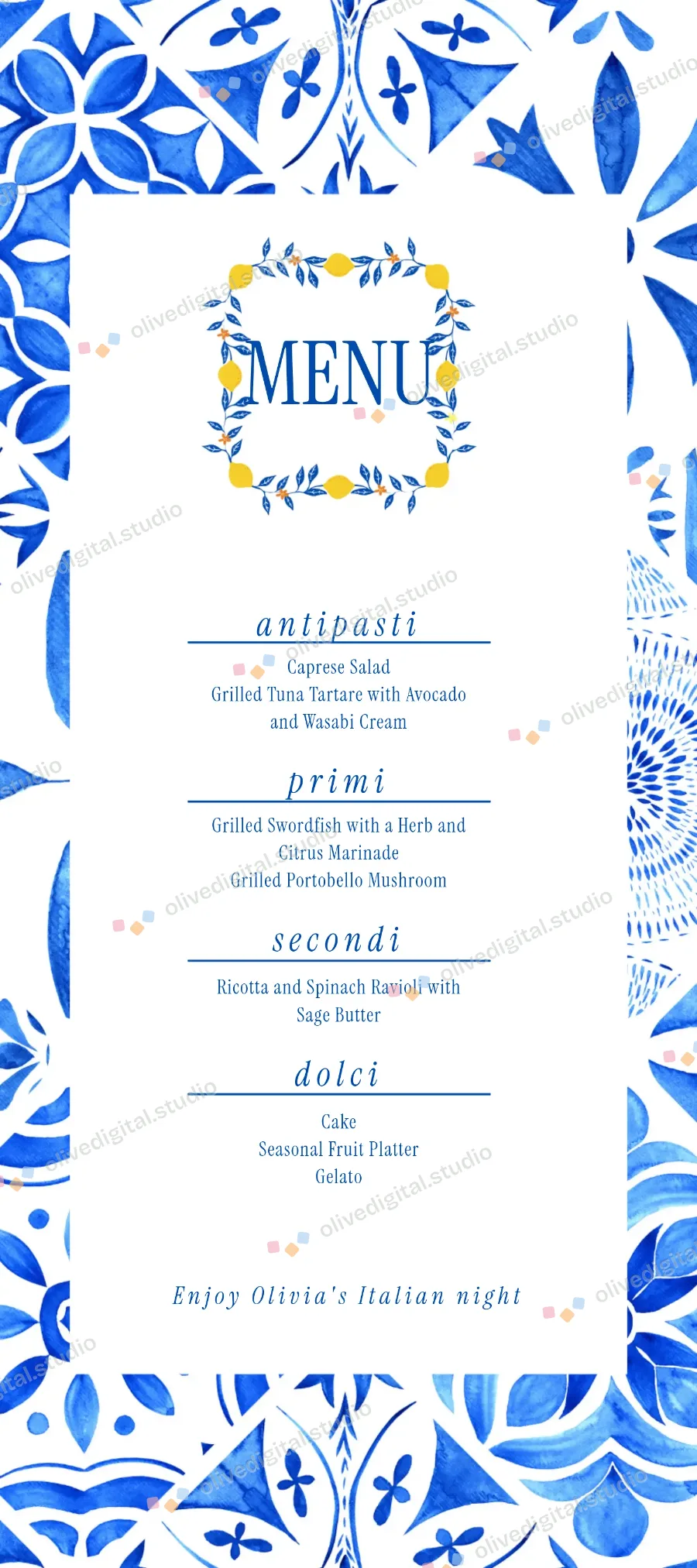 Amalfi Blue, menu with sample wording