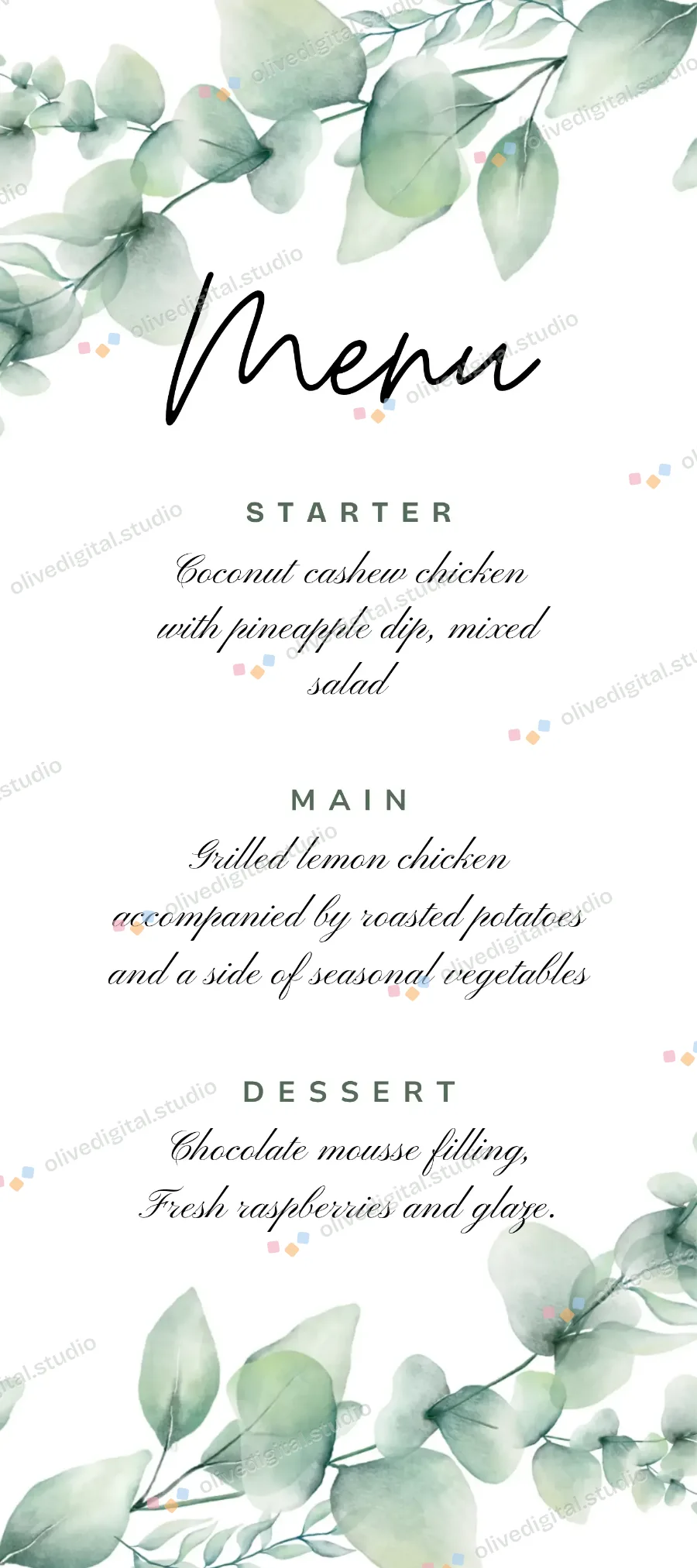 Eucalyptus & Linen, menu with sample wording