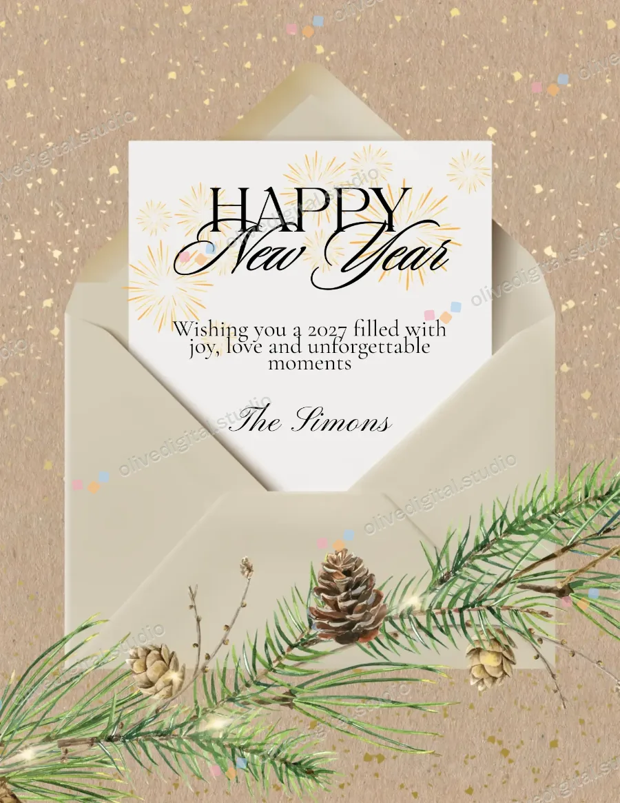 Fireworks & Pine, greeting card with sample wording