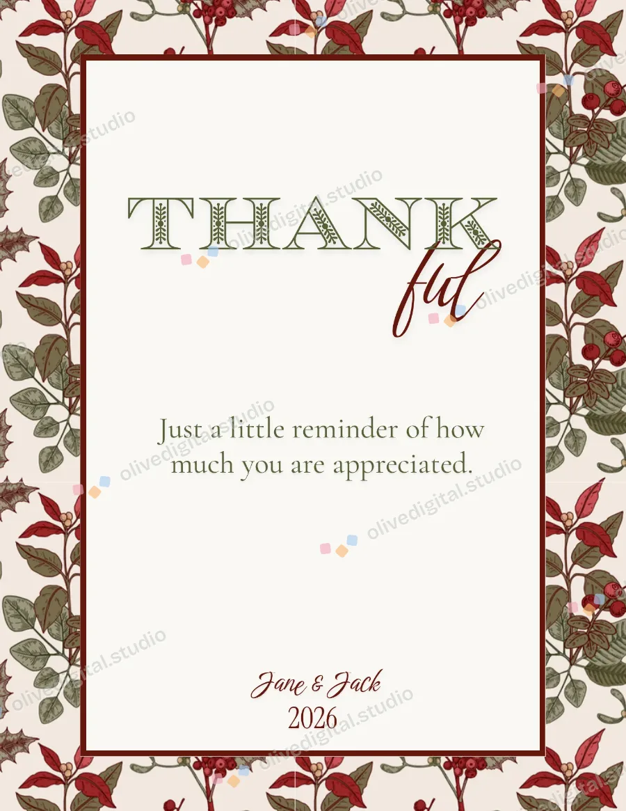 Holly & Berry, thank you card with sample wording