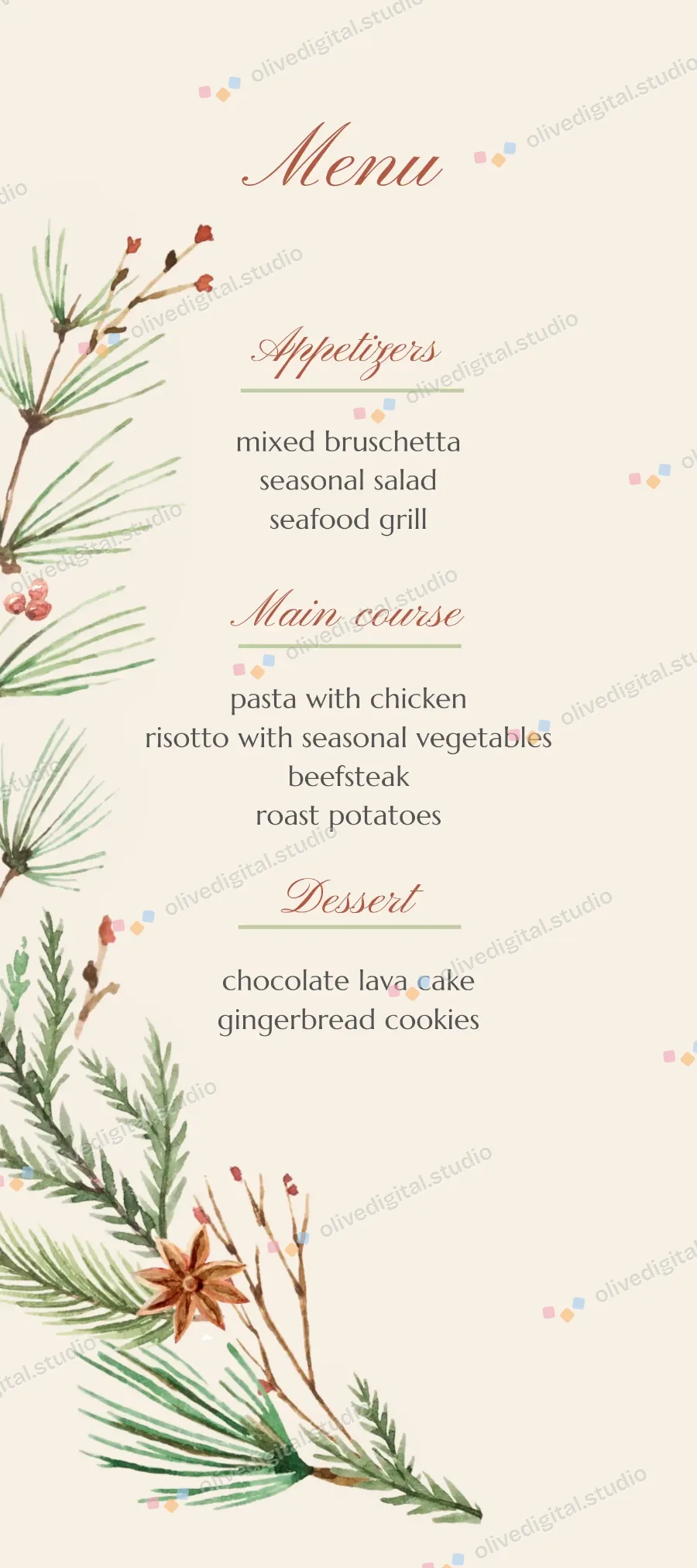 Pine & Anise, menu with sample wording