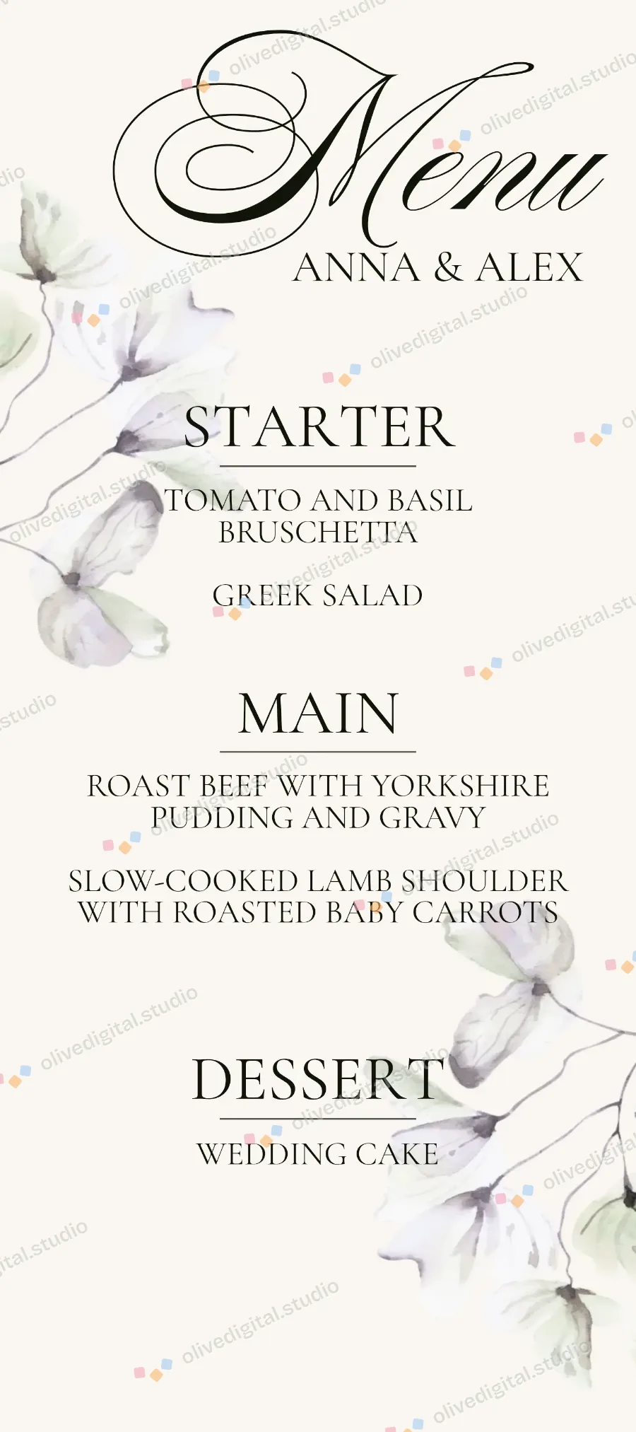 Sage & Petal, menu with sample wording