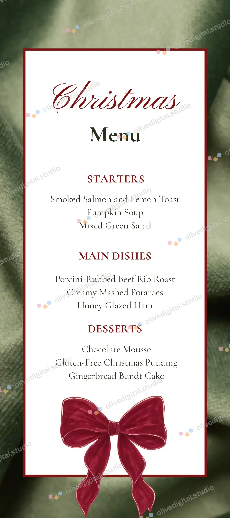 Velvet Bow, menu with sample wording