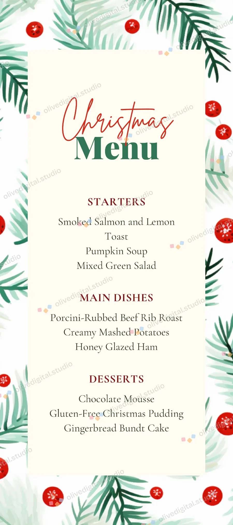 Winterberry, menu with sample wording