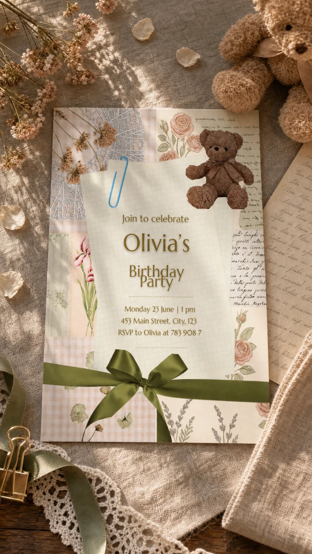 The printed Bear Hug invitation lying on gray linen beside a plush teddy bear, dried flowers, lace and handwritten letters