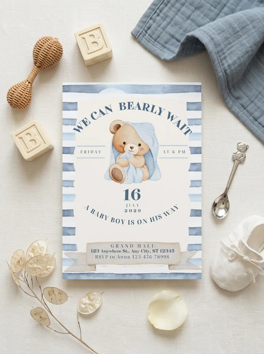 The printed Bearly Wait invitation on pale linen among wooden baby blocks, rattles, a blue envelope and knitted baby things