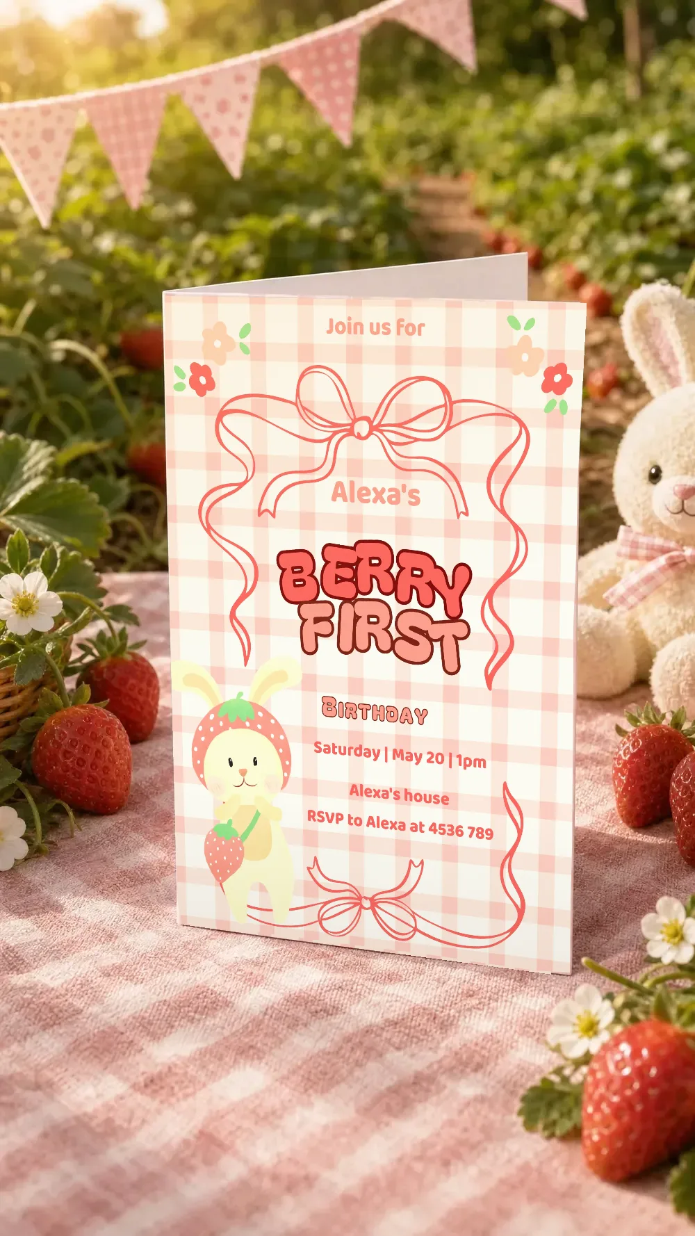 The printed Berry First invitation standing on a pink gingham cloth in a strawberry patch, with bunting, fresh strawberries and a plush rabbit