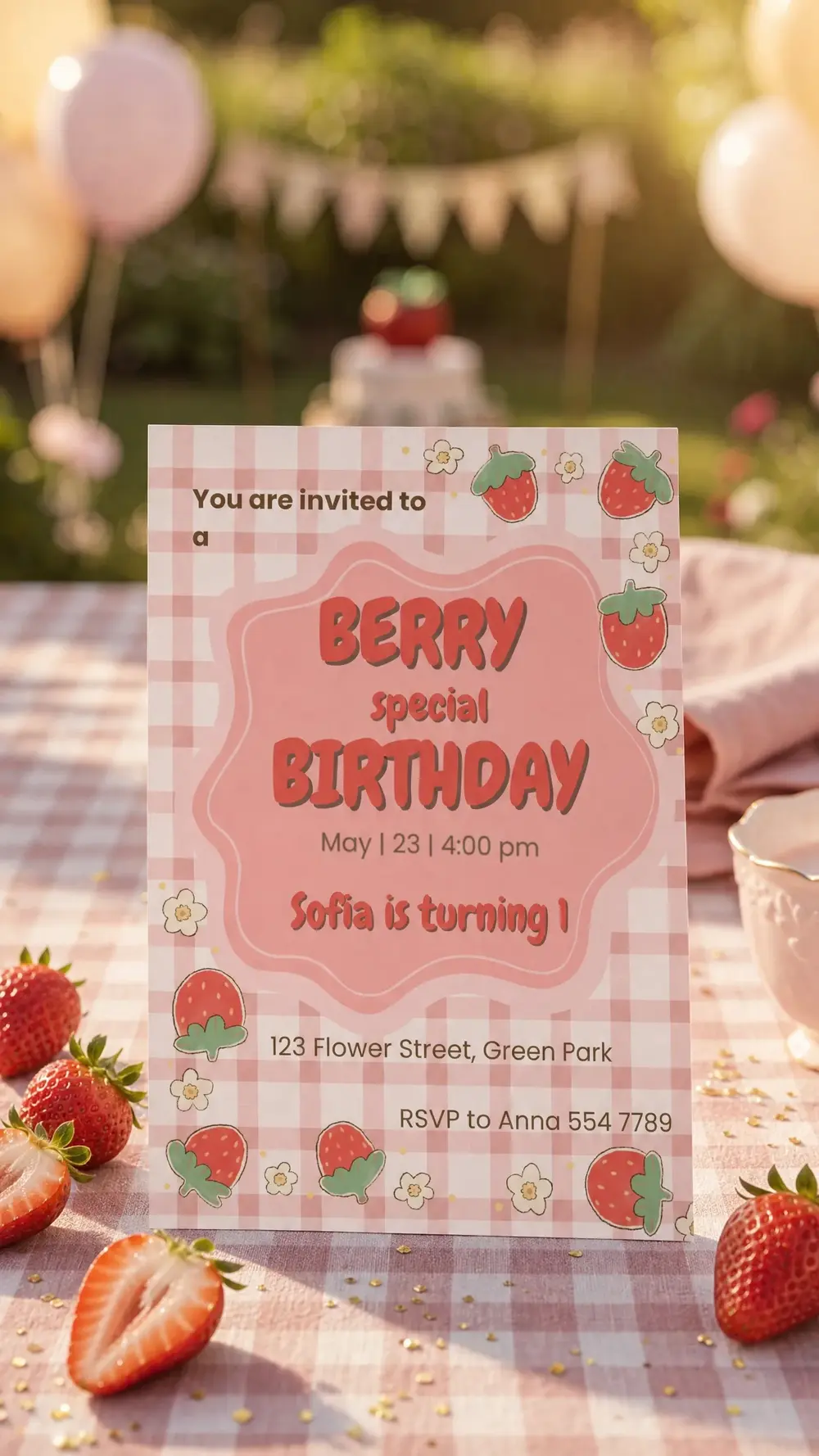 The printed Berry Special invitation standing on a pink gingham cloth in a sunny garden, among fresh strawberries, pastel balloons, bunting and a pink teacup
