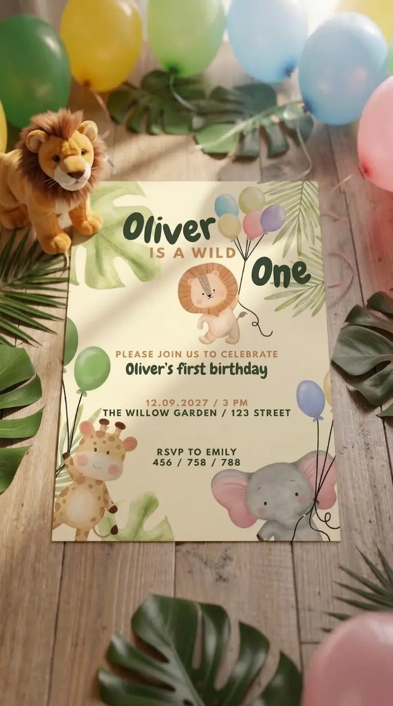 The printed Born to Be Wild invitation lying on pale wood in warm light, among monstera leaves, pastel balloons and a plush lion