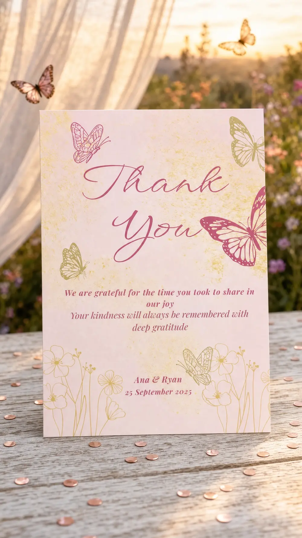 The printed Butterfly Kisses thank you card standing on weathered wood in a flower meadow at sunset, among paper butterflies and rose gold confetti