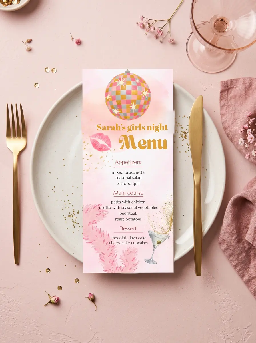 The printed Disco Kiss menu on a speckled stoneware plate over a blush pink table, between gold cutlery, with a pink napkin, a rose-tinted glass and scattered gold confetti