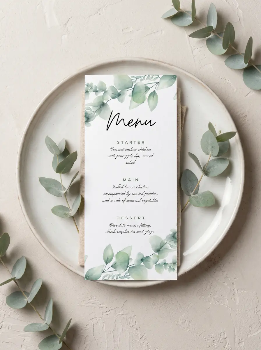 The printed Eucalyptus & Linen menu on a cream stoneware plate over a folded napkin, with sprigs of eucalyptus laid around it on a plaster tabletop