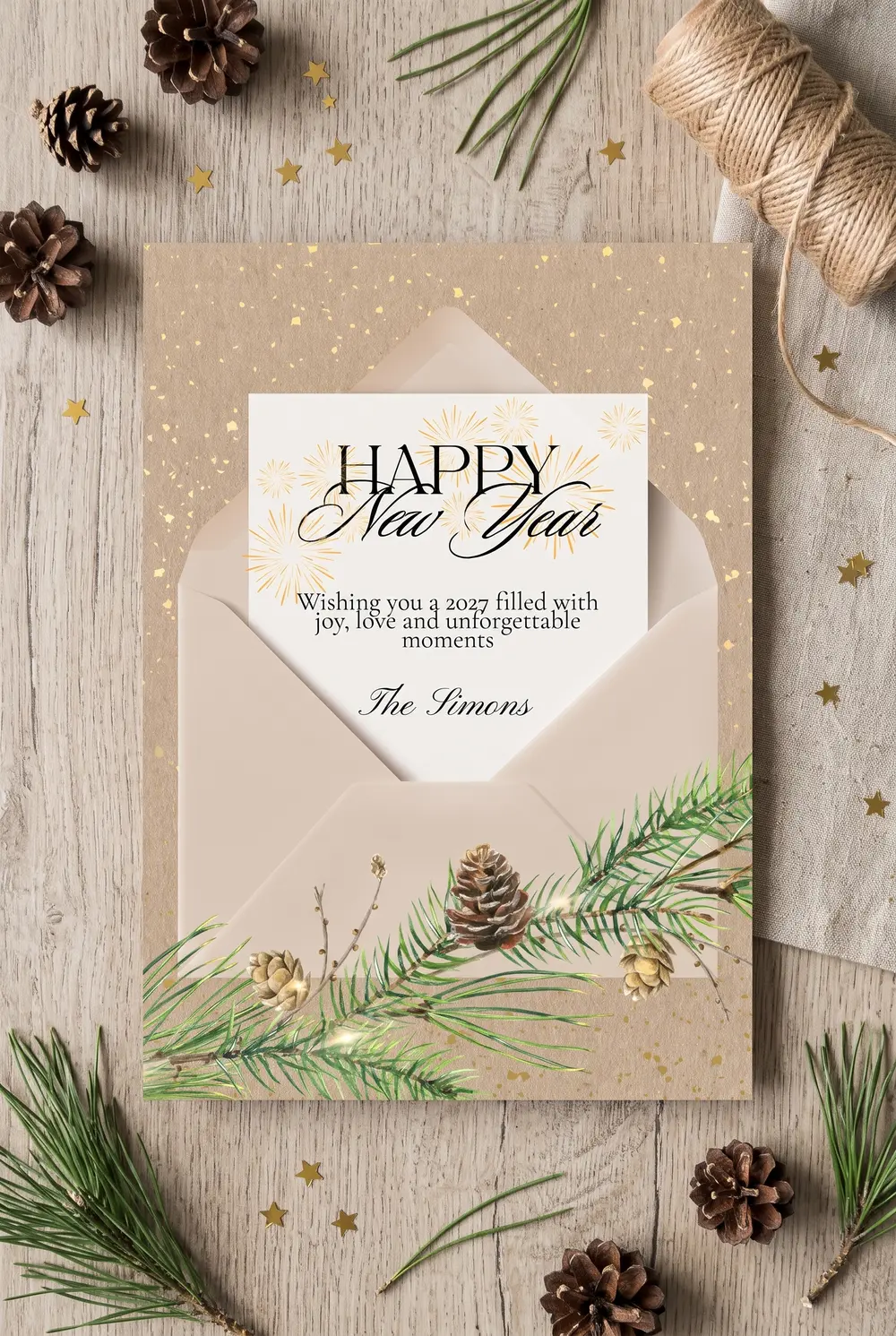 The printed Fireworks & Pine greeting card on pale wood planks, among pine sprigs, pine cones, a spool of twine and scattered gold stars