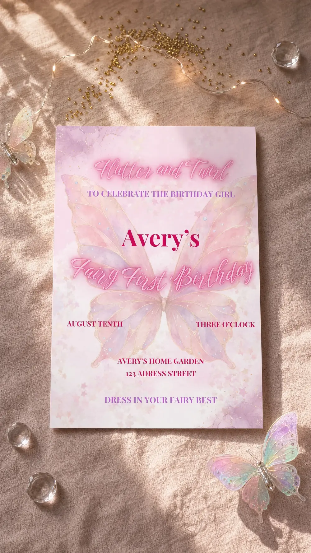The printed Flutter and Twirl invitation lying on a dusty-pink cloth in warm sunlight, among iridescent butterflies, crystal beads, gold glitter and fairy lights