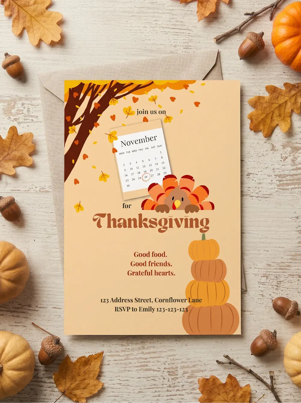 The printed Gobble & Gather invitation on a kraft envelope over whitewashed wood, among dried oak leaves, acorns and small pumpkins