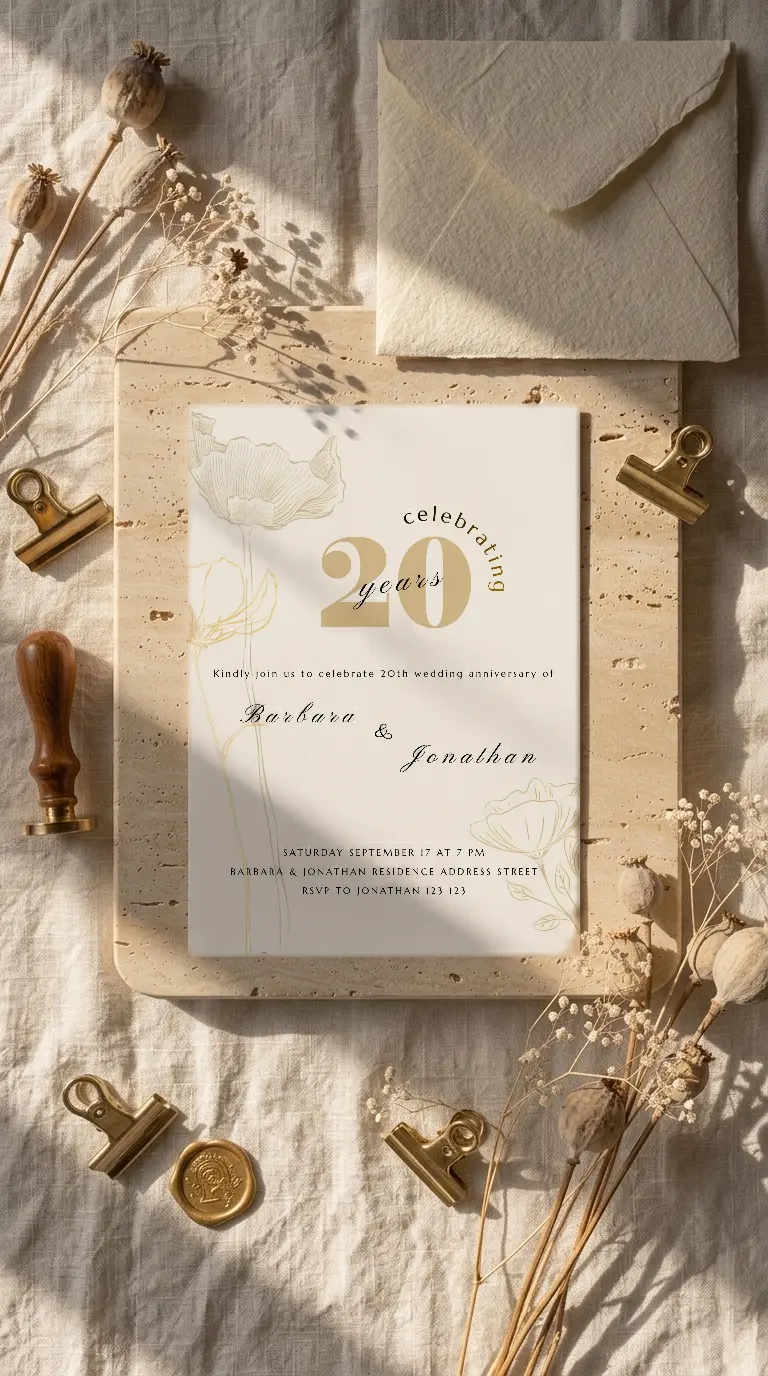 The printed Golden Poppies invitation on a travertine slab over cream linen, beside a handmade-paper envelope, brass clips, a wax seal and dried poppy seed heads