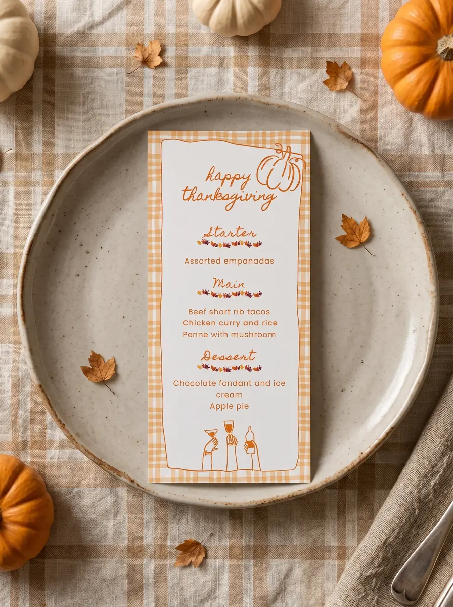 The printed Harvest Gingham menu on a speckled stoneware plate over beige gingham linen, among small pumpkins, fallen maple leaves and a folded napkin with cutlery