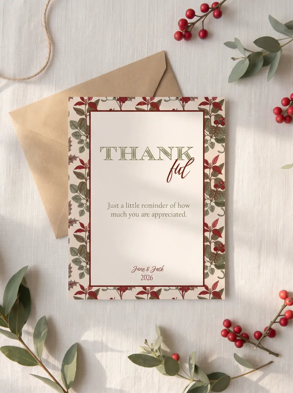 The printed Holly & Berry thank you card on white linen over a kraft envelope, among eucalyptus sprigs, red berries and a loop of twine