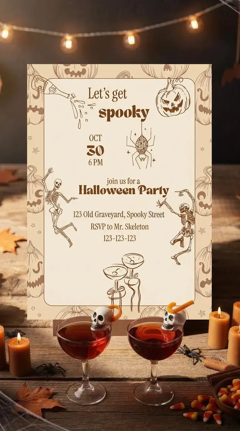 The printed Let's Get Spooky invitation on a dark wooden table by candlelight, among carved pumpkins, red cocktails and candy corn