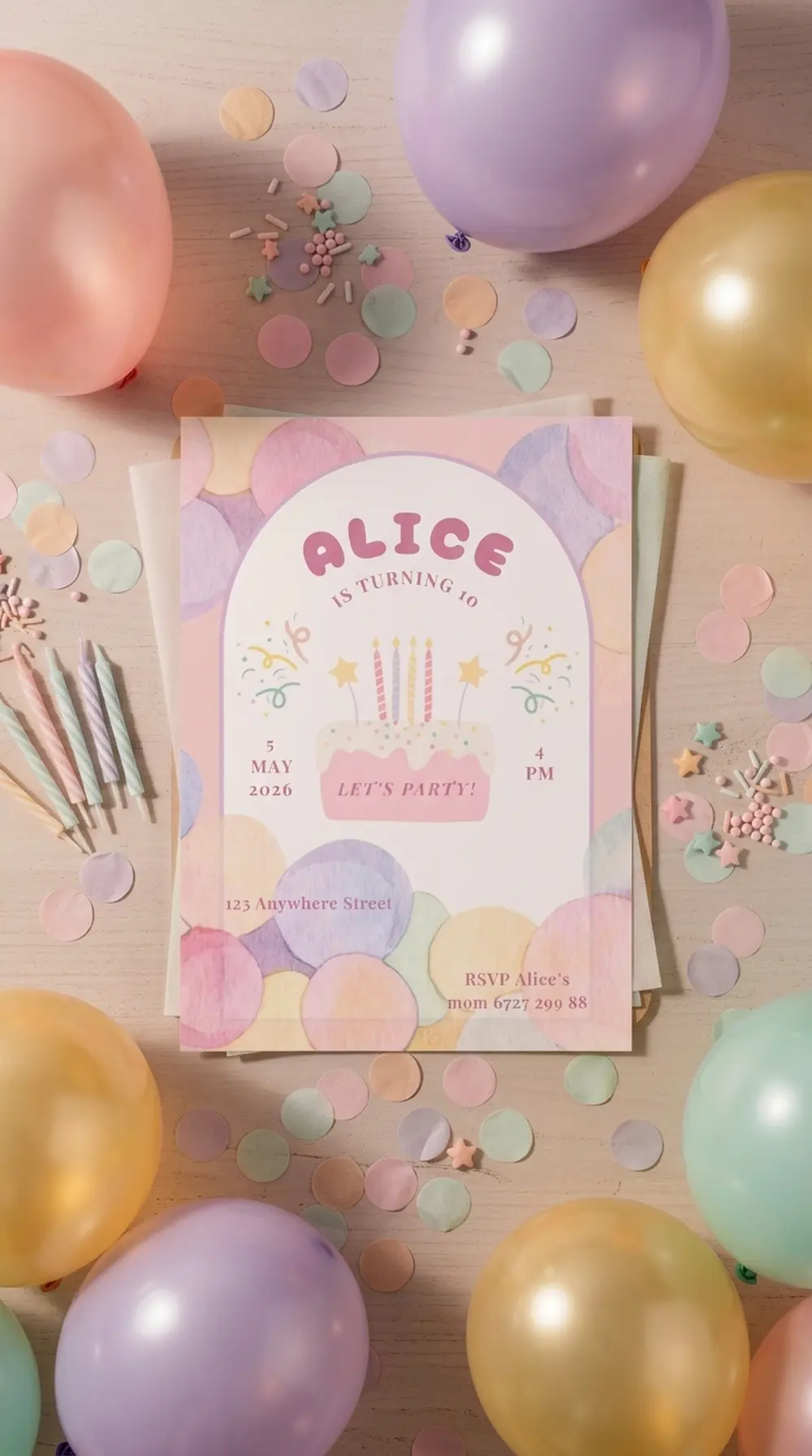 The printed Let's Party invitation lying on pale wood among pastel balloons, birthday candles, paper confetti and sugar sprinkles