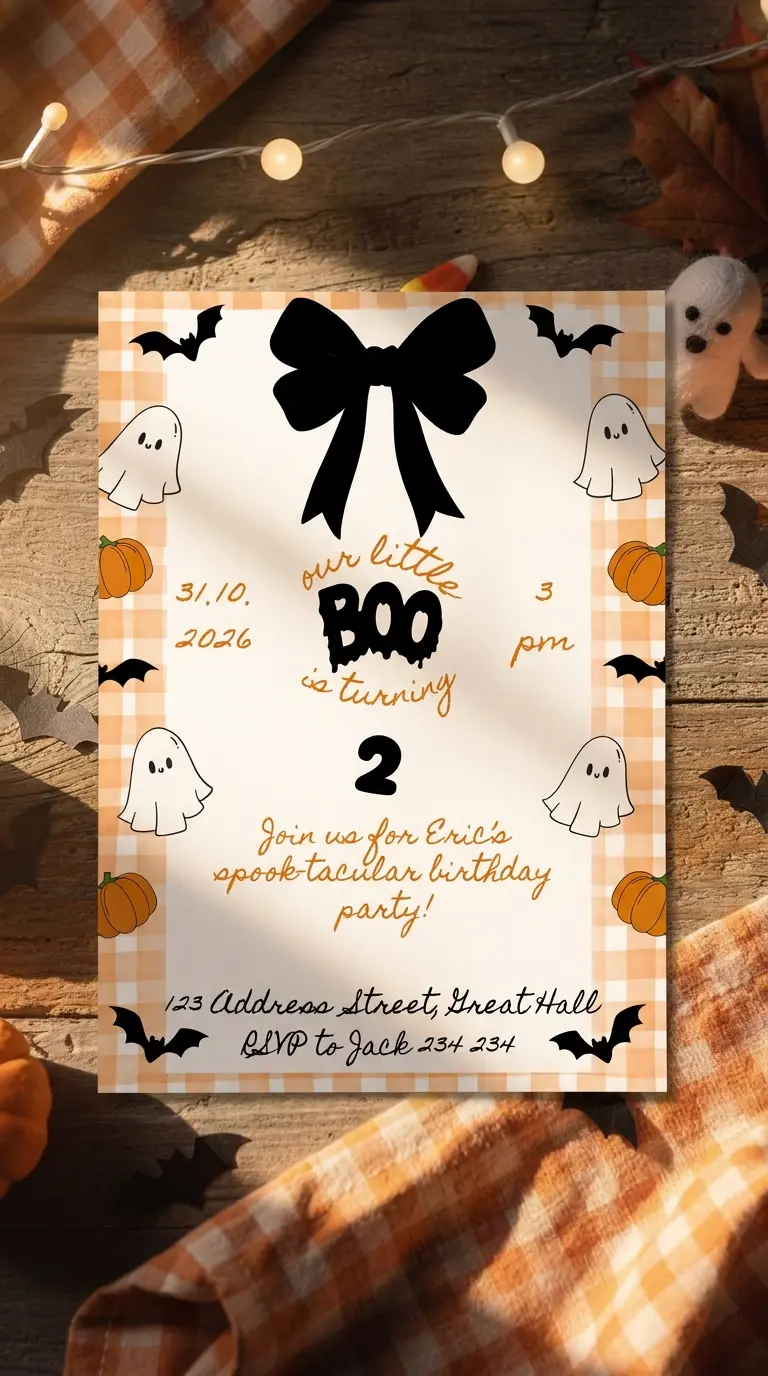 The printed Little Boo invitation on a wooden table among small pumpkins, candy corn, a plush ghost and orange gingham