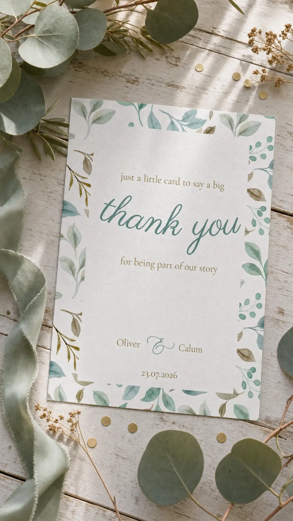 The printed Our Story thank you card lying on whitewashed wood among eucalyptus sprigs, a sage ribbon and gold confetti