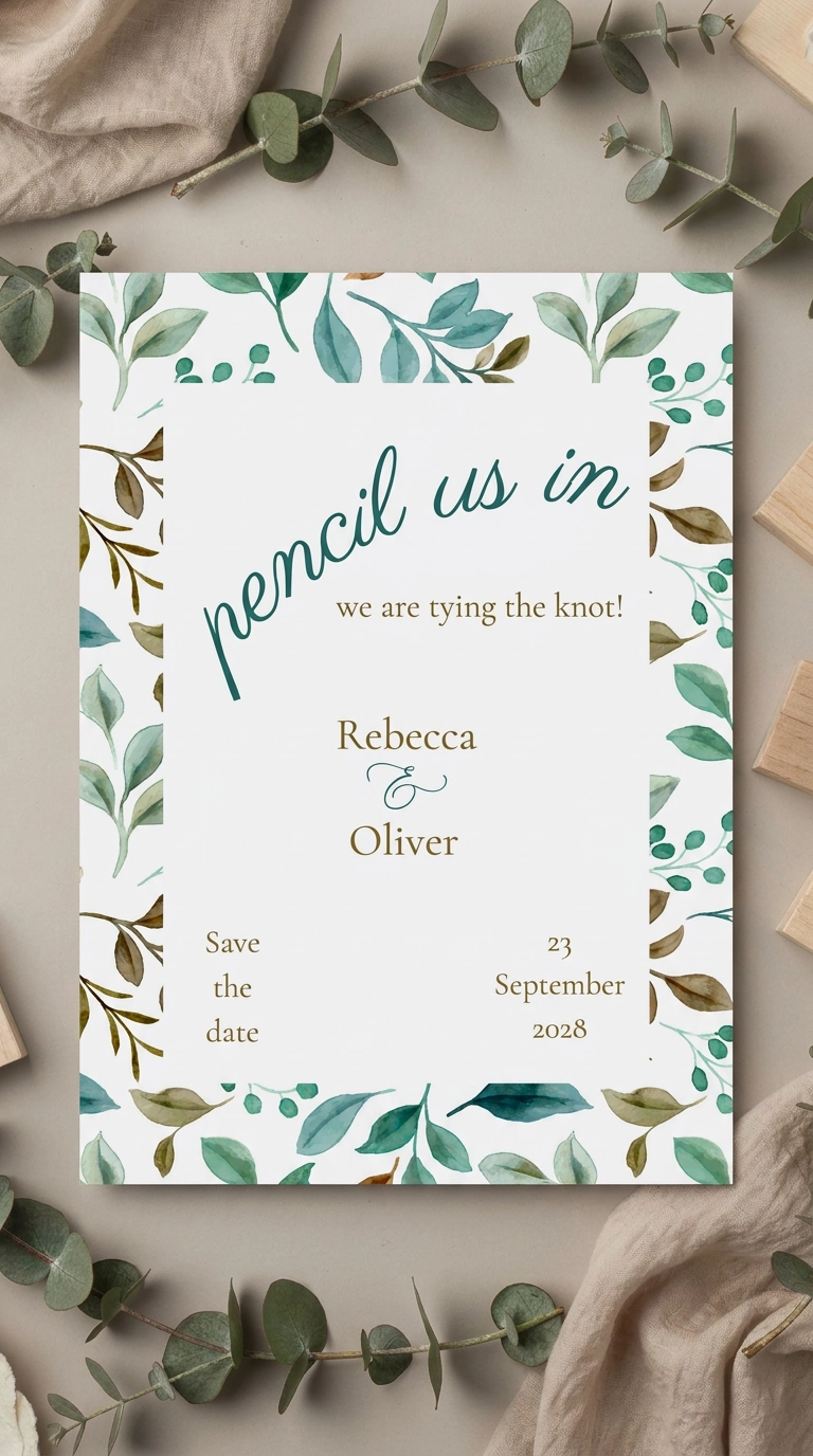 The printed Pencil Us In save the date lying on a taupe table inside a ring of eucalyptus sprigs, with blush linen and wooden blocks around it