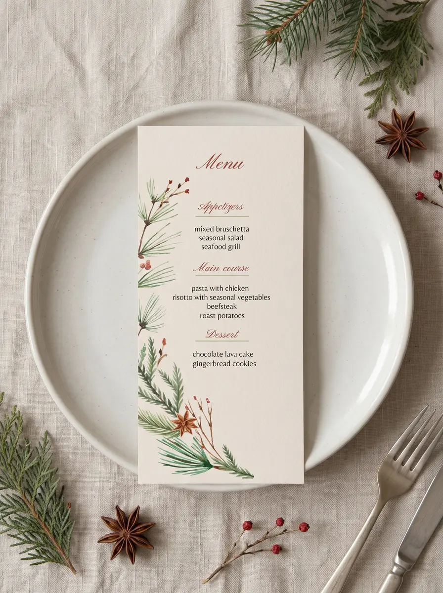 The printed Pine & Anise menu on a white stoneware plate over cream linen, among sprigs of pine, star anise, winter berries and silver cutlery