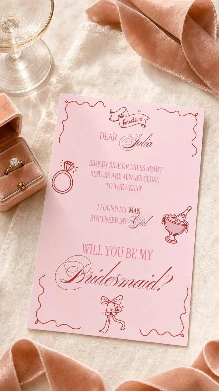 The printed Pink Champagne bridesmaid card lying on cream linen beside a coupe glass, a velvet ring box holding two rings and a trail of peach velvet ribbon