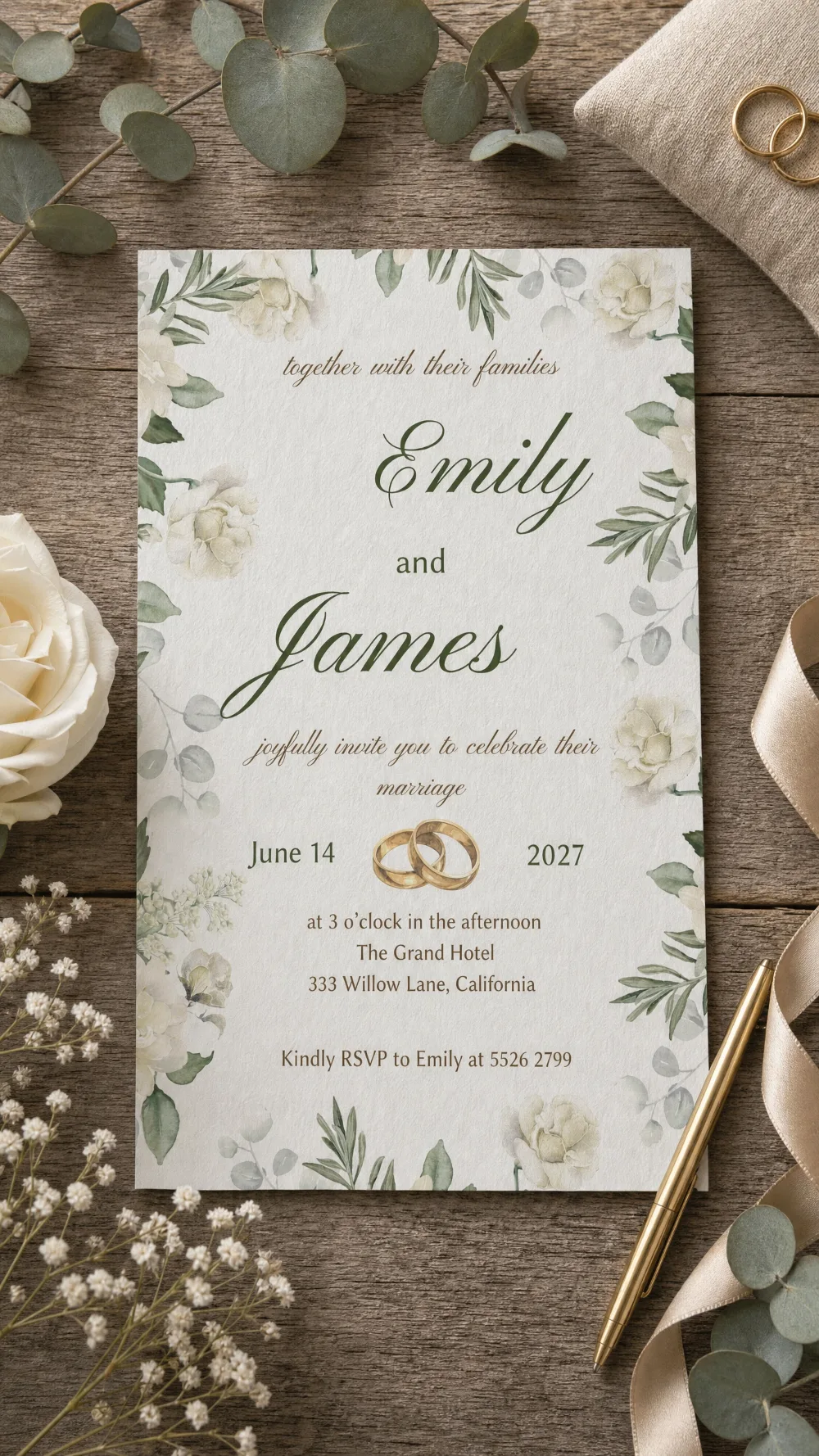 The printed Rings & Roses invitation lying on weathered wood among white roses, eucalyptus sprigs, a taupe ribbon and a gold pen