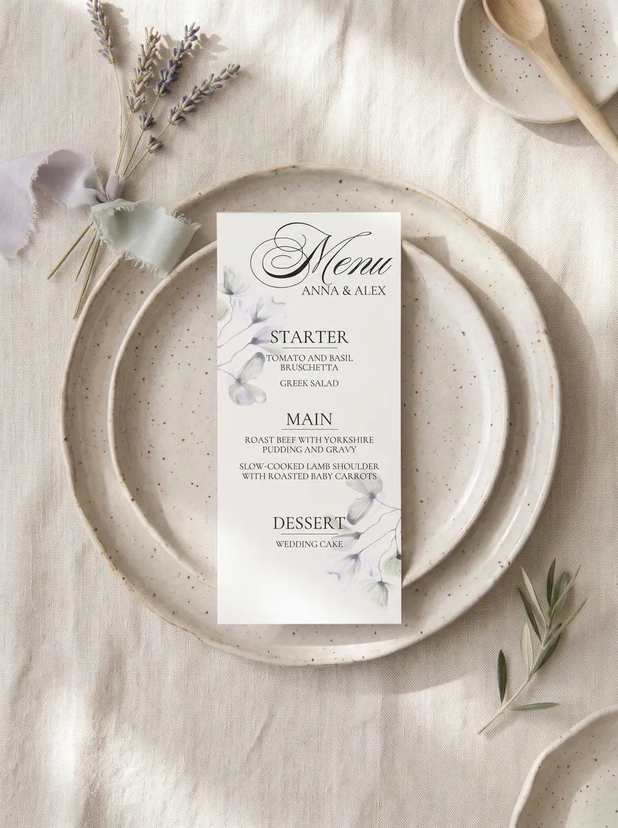 The printed Sage & Petal menu on a speckled stoneware plate over cream linen, beside sprigs of lavender tied with ribbon, an olive branch and a wooden spoon