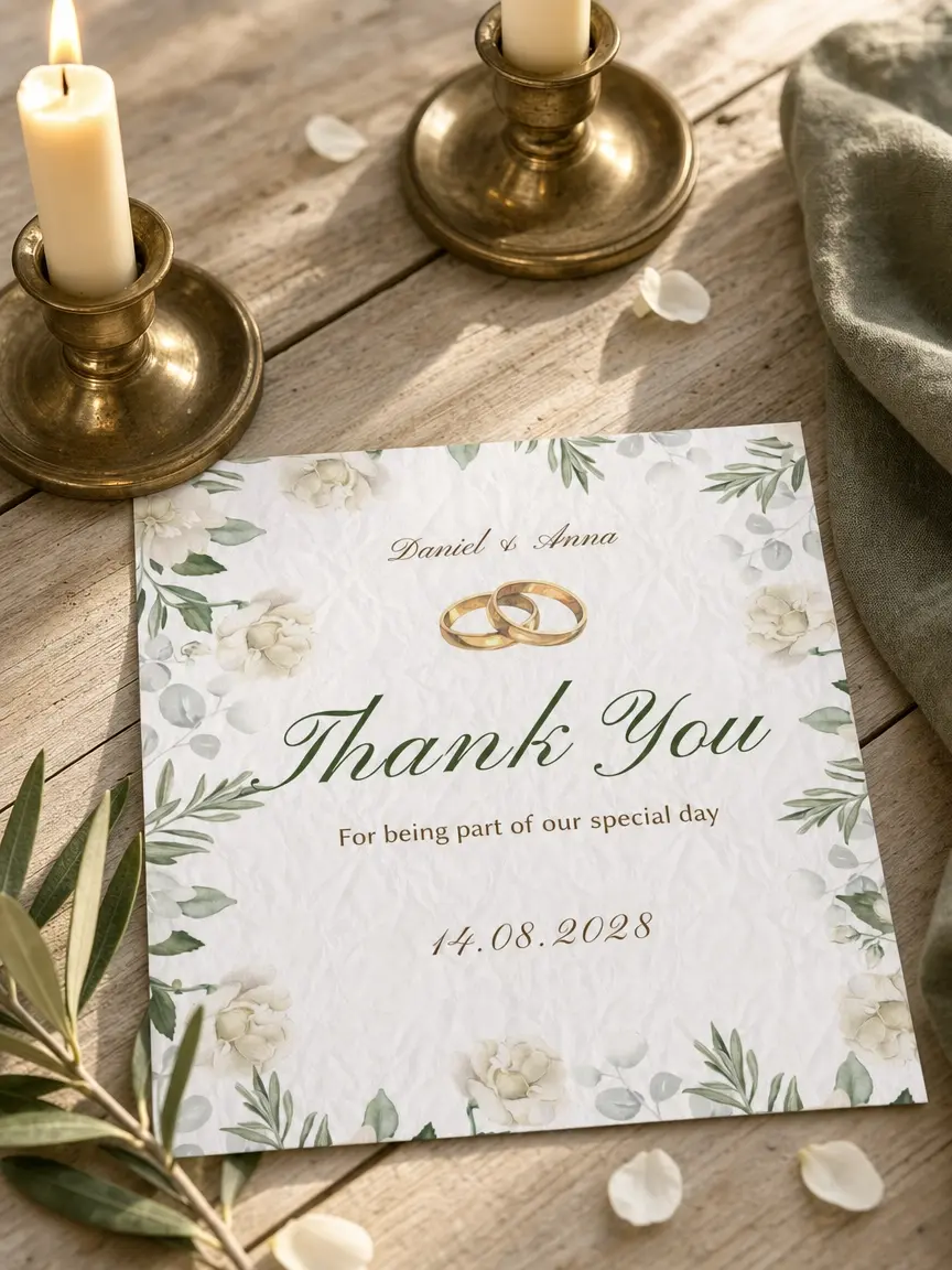 The printed Two Rings thank you card lying on pale wood among brass candlesticks, an olive sprig, sage linen and scattered petals