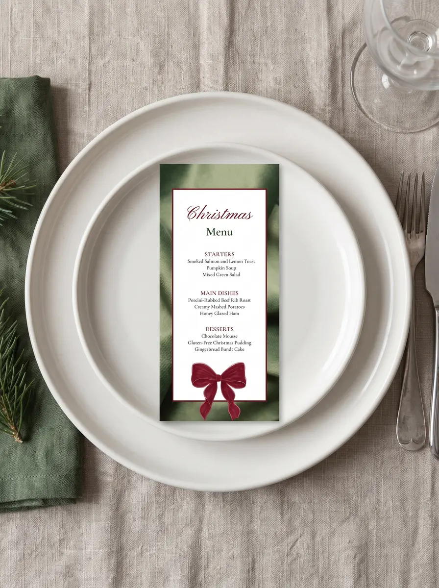 The printed Velvet Bow menu on a white plate over natural linen, beside a folded green napkin, sprigs of pine, silver cutlery and a wine glass