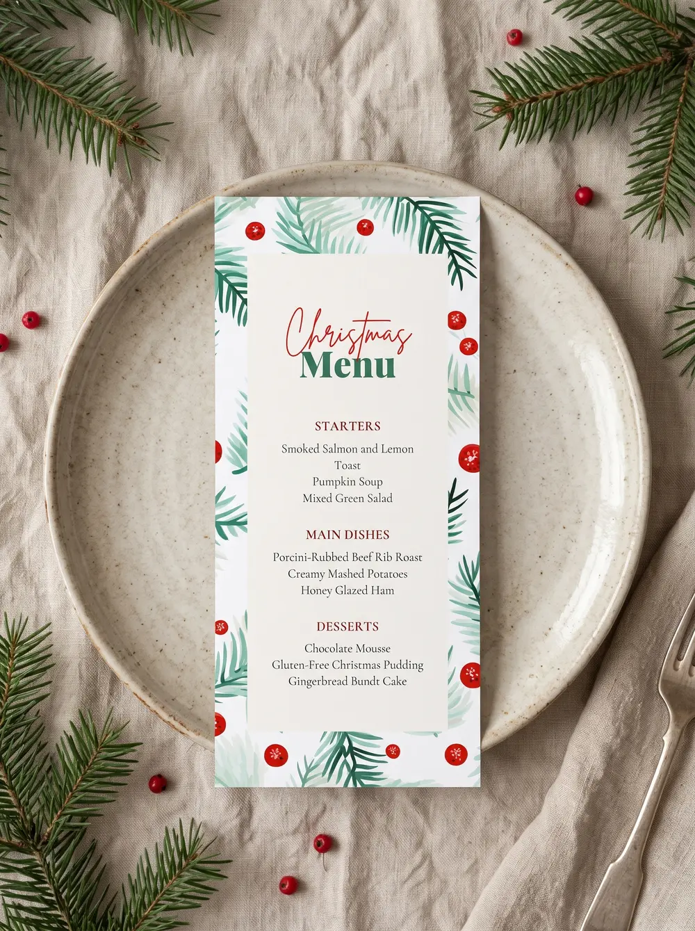 The printed Winterberry menu on a speckled stoneware plate over cream linen, among sprigs of pine, scattered red berries and a fork on a folded napkin