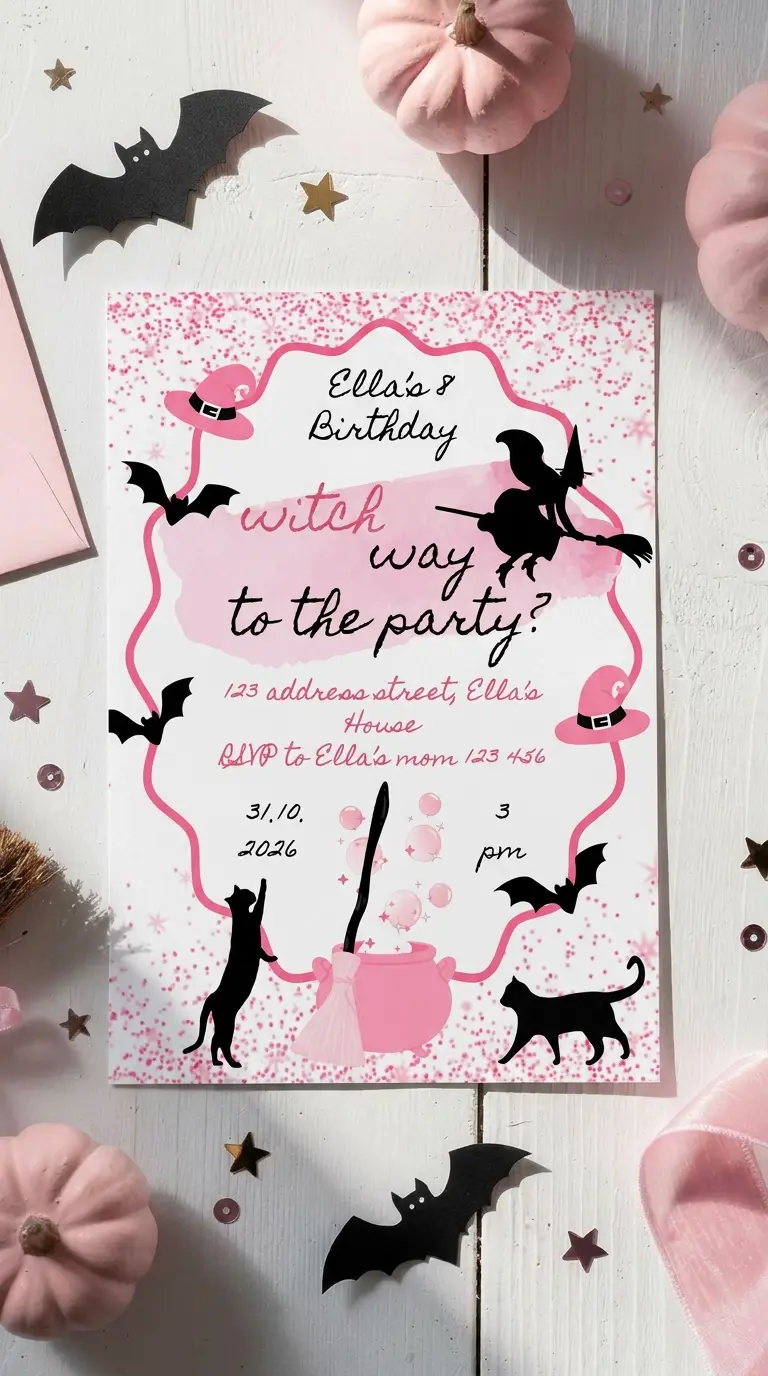 The printed Witch Way invitation on white boards among pink pumpkins, paper bats, a little broom and pink ribbon